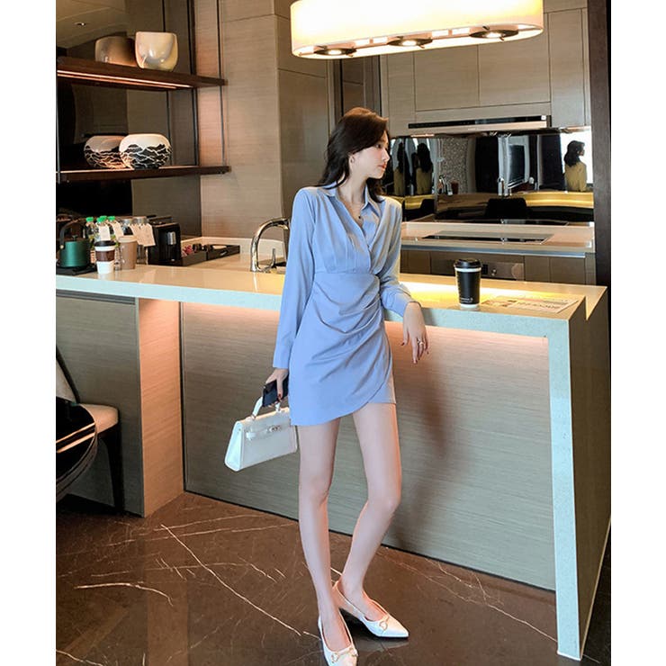 Vネックシャツ襟アシンメトリーワンピース 韓国ファッション Jasmine | aimoha  | 詳細画像3 