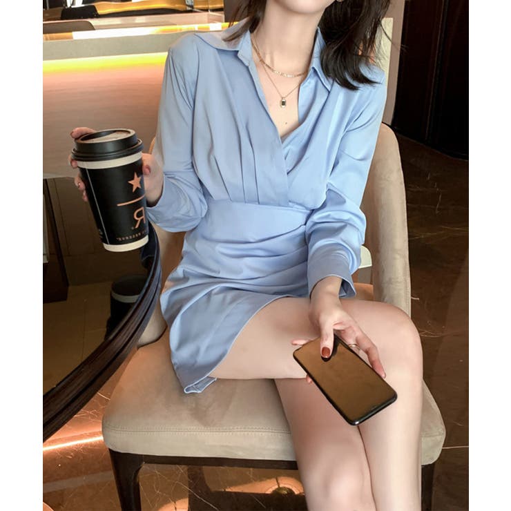 Vネックシャツ襟アシンメトリーワンピース 韓国ファッション Jasmine | aimoha  | 詳細画像4 