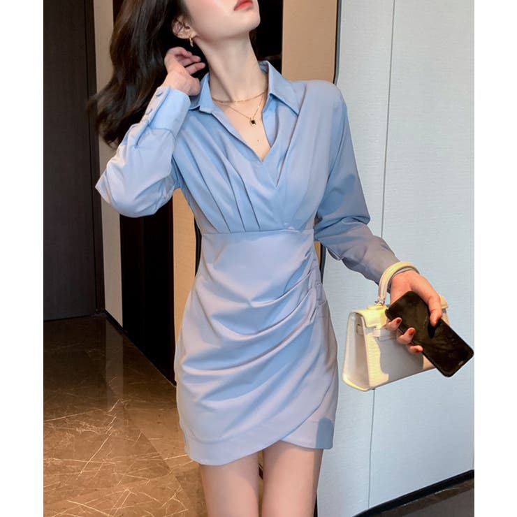 Vネックシャツ襟アシンメトリーワンピース 韓国ファッション Jasmine | aimoha  | 詳細画像6 