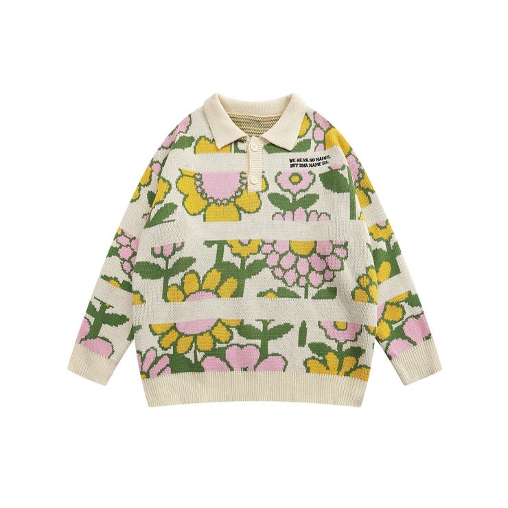 ベージュ | 古着風花総柄ポロ襟ニット ストリート系 オラオラ系 | HOOK
