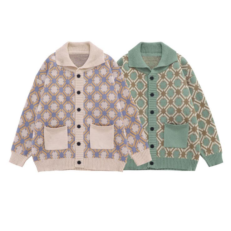 レトロ調幾何学チェック柄前開きポロ襟ニット ストリート系 オラオラ系 | HOOK | 詳細画像1 