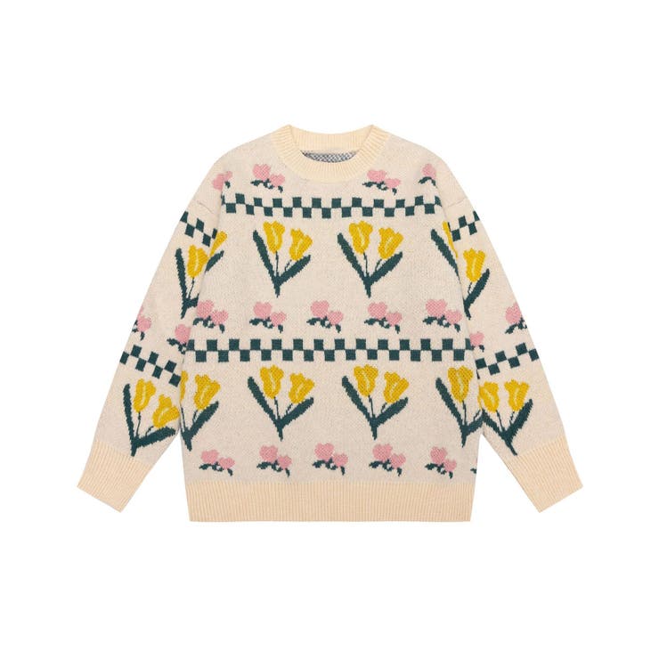 ベージュ | レトロ調花模様ニット風ウスェット ストリート系 オラオラ系 | HOOK