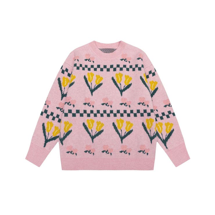 ピンク | レトロ調花模様ニット風ウスェット ストリート系 オラオラ系 | HOOK