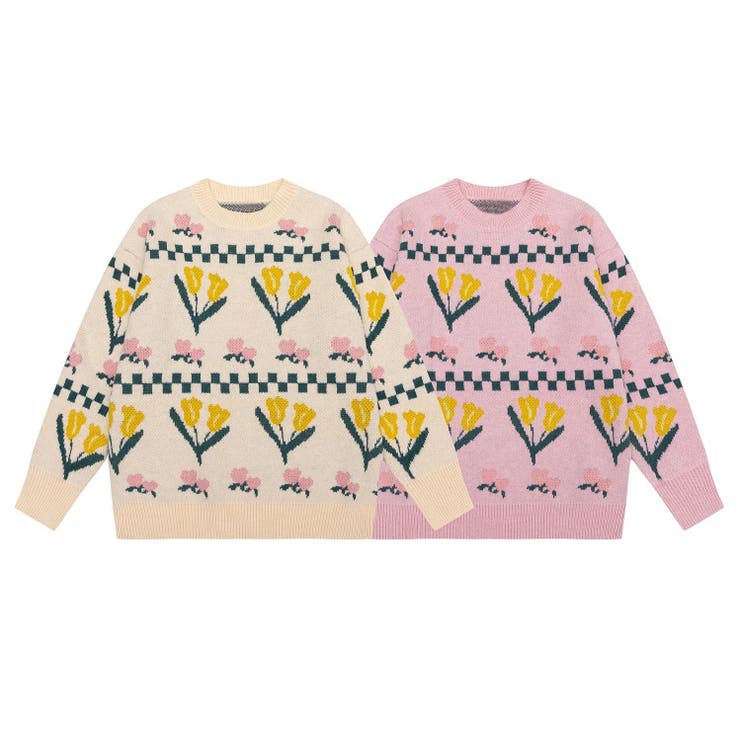 レトロ調花模様ニット風ウスェット ストリート系 オラオラ系 | HOOK | 詳細画像1 