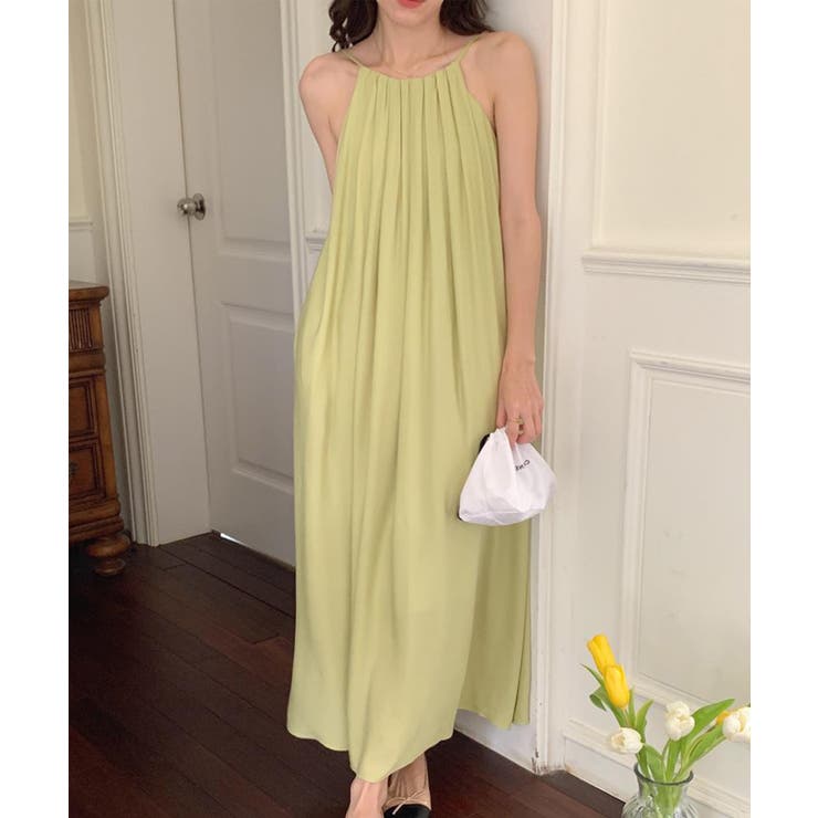 プリーツキャミソールワンピース ロングワンピース 韓国ファッション | aimoha  | 詳細画像1 