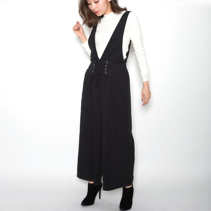 BLACK | レースアップオールインワン コンビネゾン サロペット | aimoha 