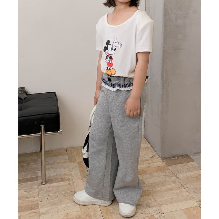スウェットパンツ 無地 カジュアル ラフ フリル 可愛い ワイド aimoha-KIDS-】フリル付きスウェットワイドパンツ[品番
