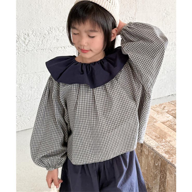 グレー | 【-aimoha-KIDS-】フリル襟チェックブラウス | aimoha kids