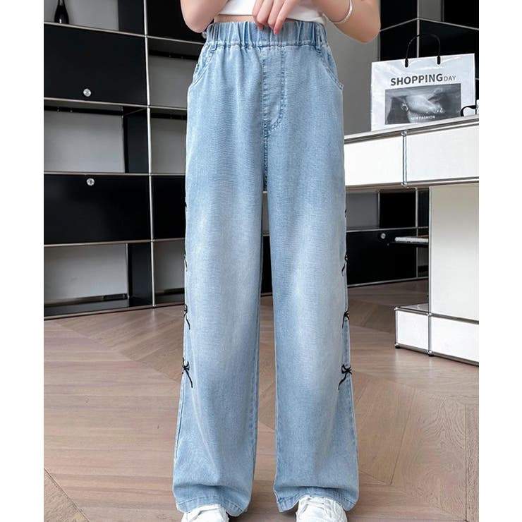 aimoha-KIDS-】サイドリボン ワイドデニムパンツ[品番：XT000014809