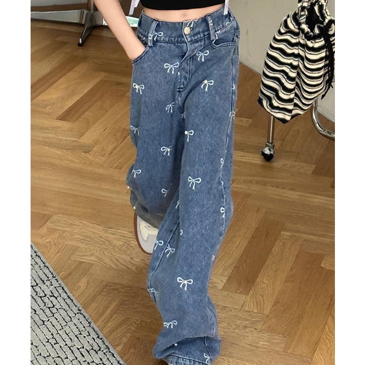 【-aimoha-KIDS-】リボンワイドデニムパンツ | aimoha kids | 詳細画像1 