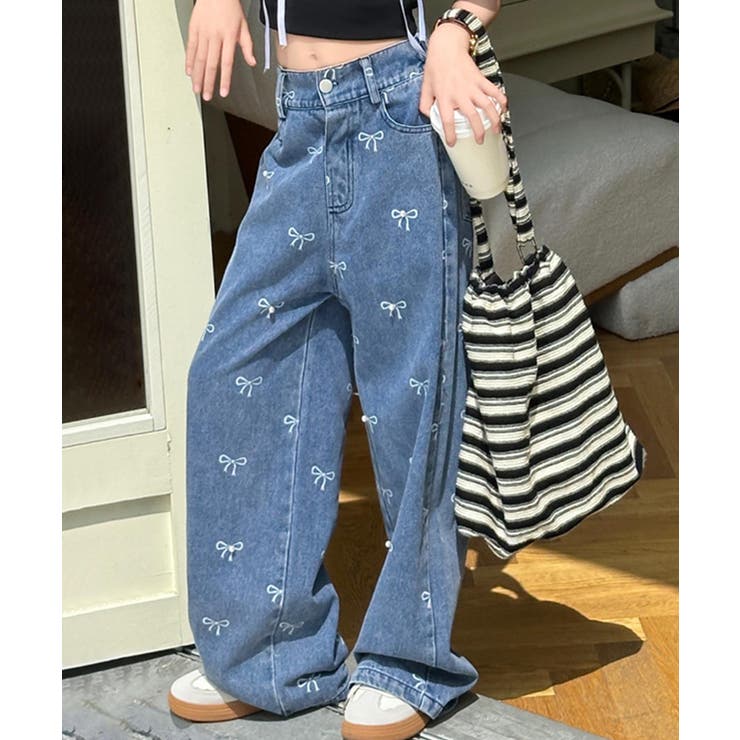 ブルー | 【-aimoha-KIDS-】リボンワイドデニムパンツ | aimoha kids