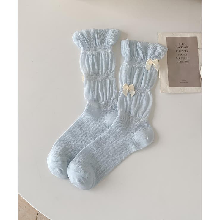 ブルー | ギャザーフリルリボンソックス | aimoha 