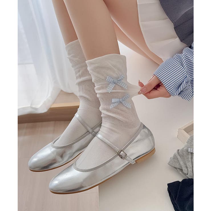 ホワイト | ギンガムリボンシャーリングソックス | aimoha 