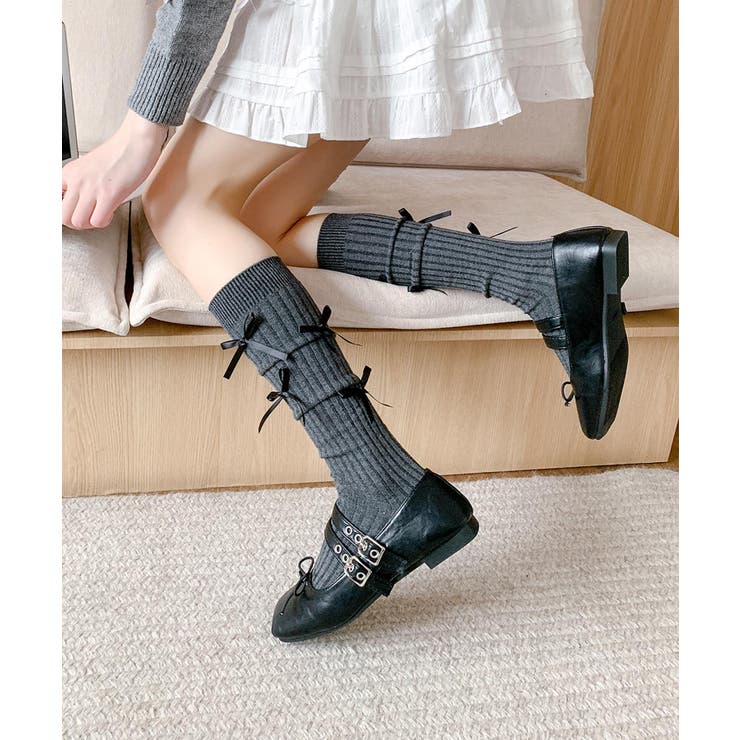 ダークグレー | サテンリボン付きソックス | aimoha 