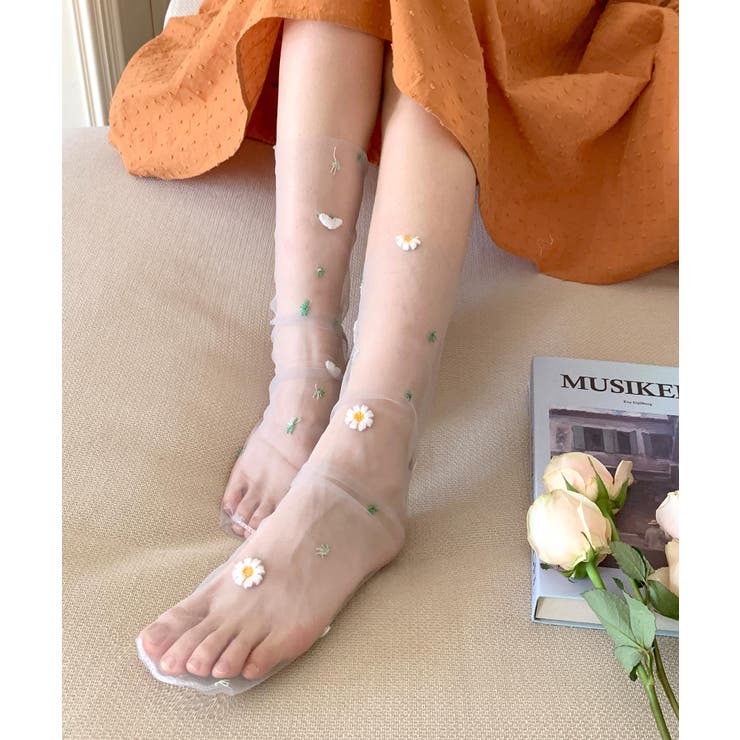 cnorahk フラワー装飾シアーソックス TRICOTÉ｜FLOWER SHEER SOCKS フラワーシアーソックス 靴下