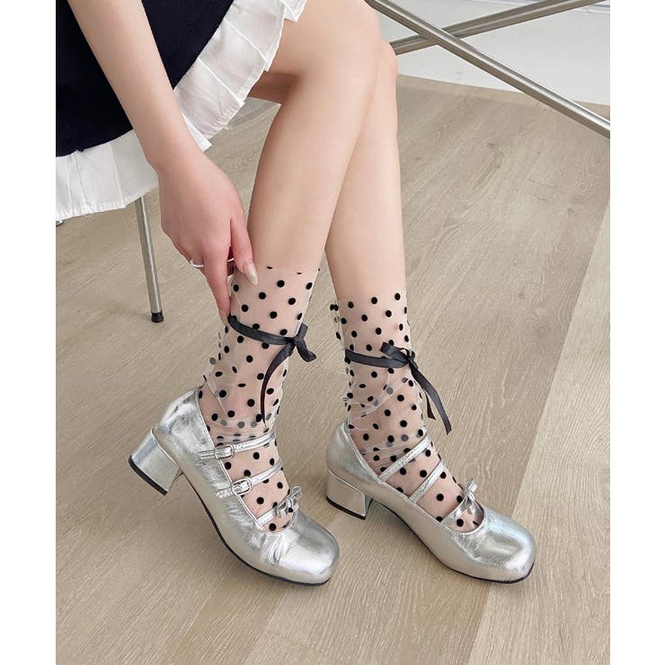 ホワイト2 | ドットチュールリボンソックス | aimoha 
