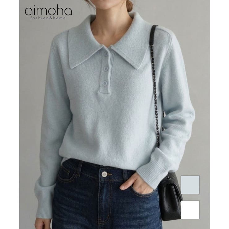 オーバーサイズ長袖ポロニット | aimoha  | 詳細画像1 