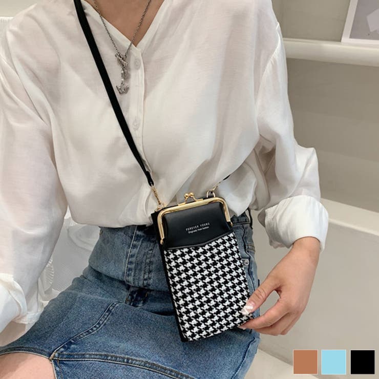 スマホ 財布 千鳥柄がま口フェイクレザーミニショルダーバッグ