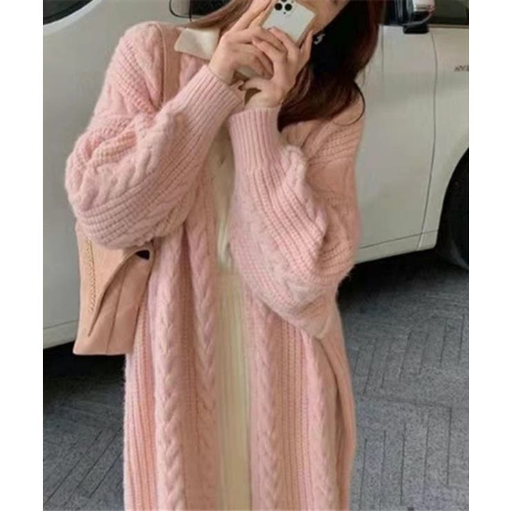 ピンク | オシャレ厚手ロングゆったりニットカーディガン 韓国ファッション ワンピース | aimoha 