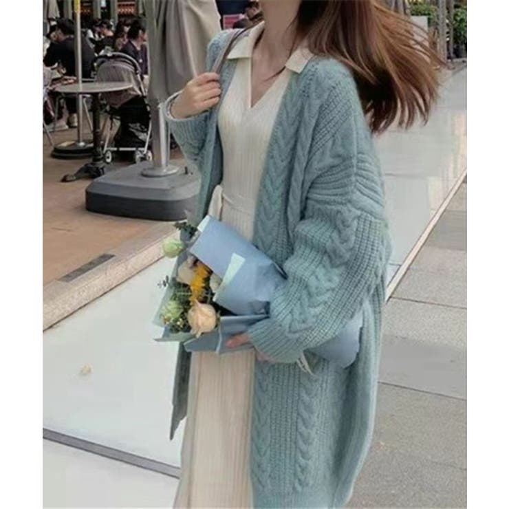 ブルー | オシャレ厚手ロングゆったりニットカーディガン 韓国ファッション ワンピース | aimoha 