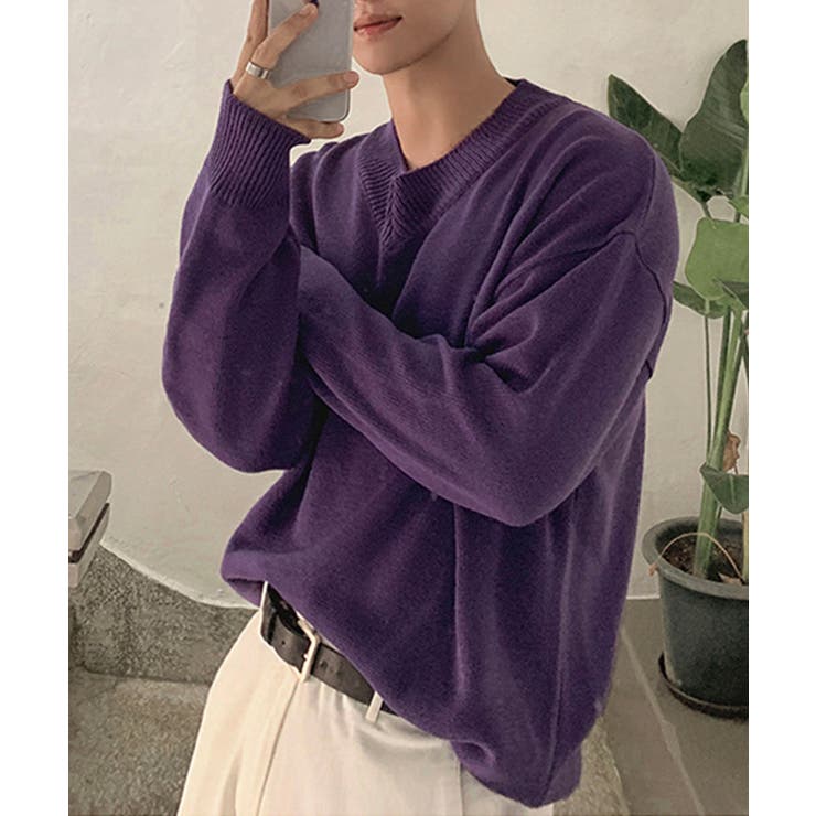 Vネック片畦ニットプルオーバー ロンT スウェット | aimoha men | 詳細画像12 