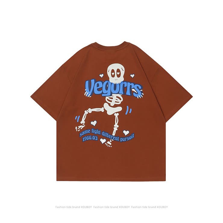 ブラウン | 【HOOK】個性派スケルトンバックプリント半袖ビッグTシャツ ユニセックス 韓国 | HOOK