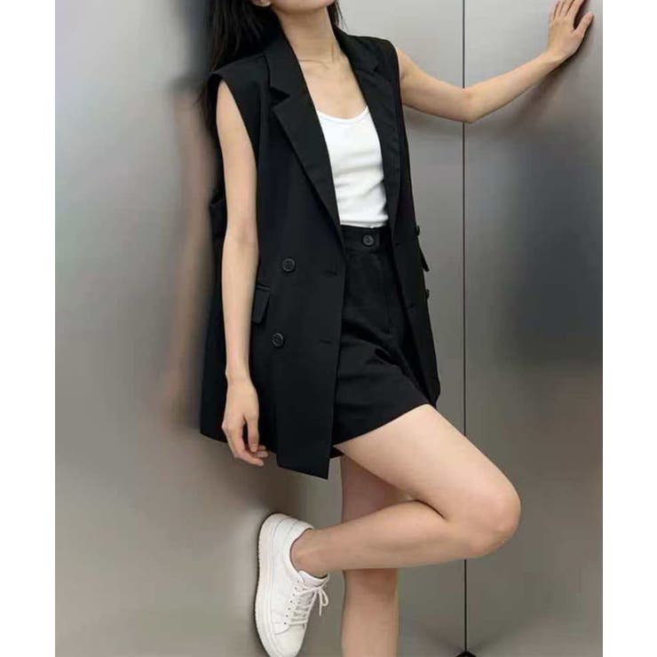 ブラック | ノースリーブジャケット×ハーフパンツセットアップ | aimoha 