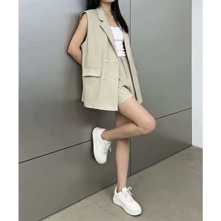 ライトベージュ | ノースリーブジャケット×ハーフパンツセットアップ | aimoha 