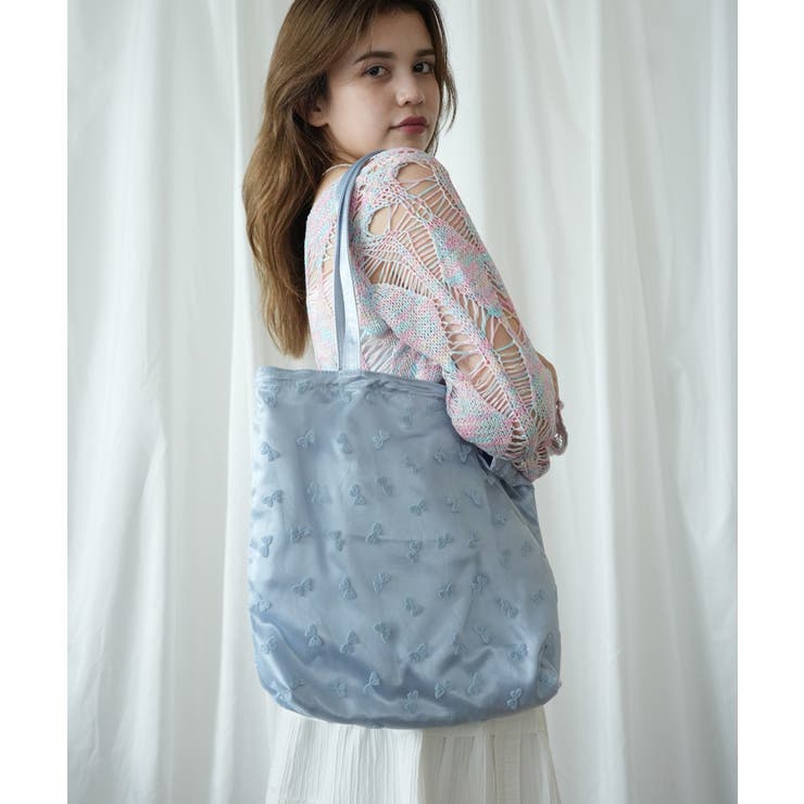 ブルー | 【HOOK】for girls リボン総柄フロッキー生地トートバッグ | HOOK