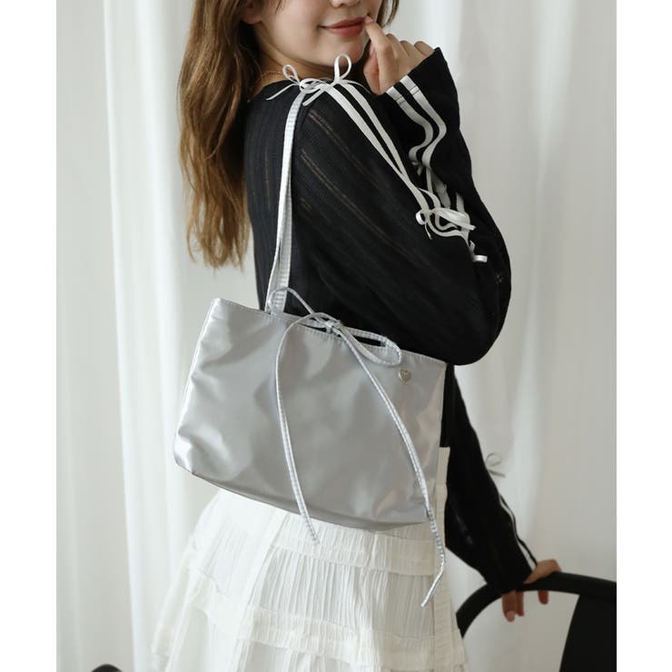 シルバー | 【HOOK】for girls リボン無地シルク風トートバッグ Y2K | aimoha 