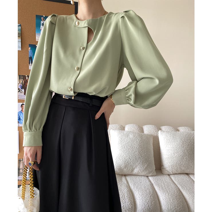 ノーカラーフロントデザインブラウス 長袖シャツ 韓国ファッション | aimoha  | 詳細画像2 