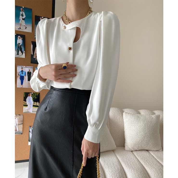 ノーカラーフロントデザインブラウス 長袖シャツ 韓国ファッション | aimoha  | 詳細画像12 