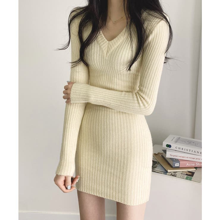 太リブニットVネックミニワンピース 韓国ファッション ニット | aimoha  | 詳細画像4 