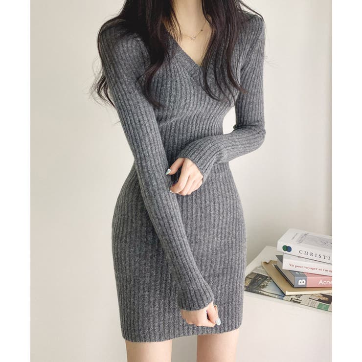 太リブニットVネックミニワンピース 韓国ファッション ニット | aimoha  | 詳細画像10 