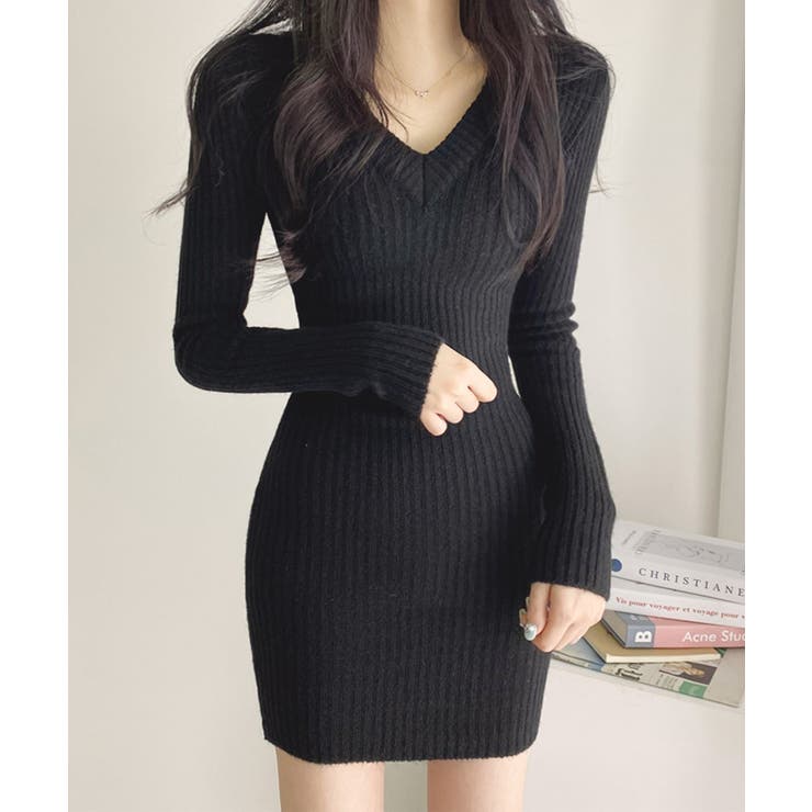太リブニットVネックミニワンピース 韓国ファッション ニット | aimoha  | 詳細画像12 