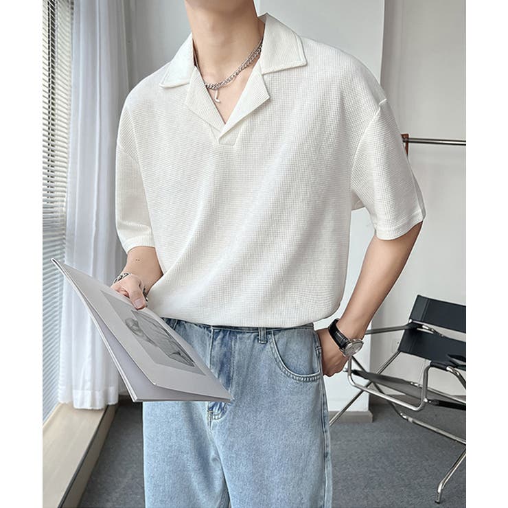 韓国系無地なしワッフルオープンカラーポロシャツ 韓国ファッション