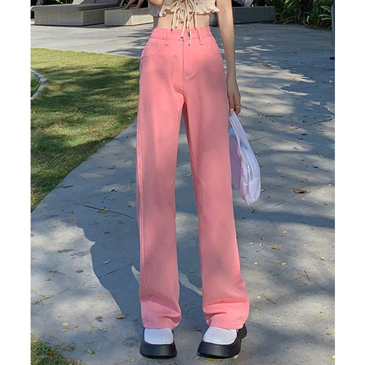 デニム ピンク ワイドパンツ ストレートパンツ 韓国ファッション