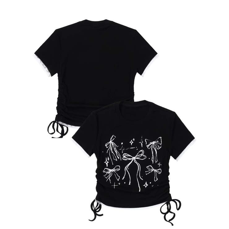 ブラック | 【HOOK】for girls 裾シャーリングリボンプリント半袖TEE | HOOK