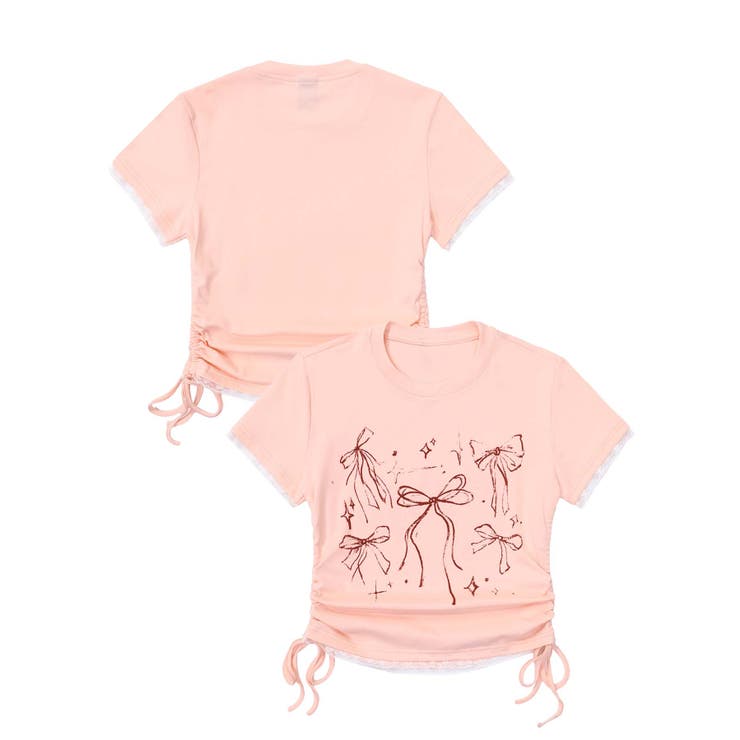 ピンク | 【HOOK】for girls 裾シャーリングリボンプリント半袖TEE | HOOK