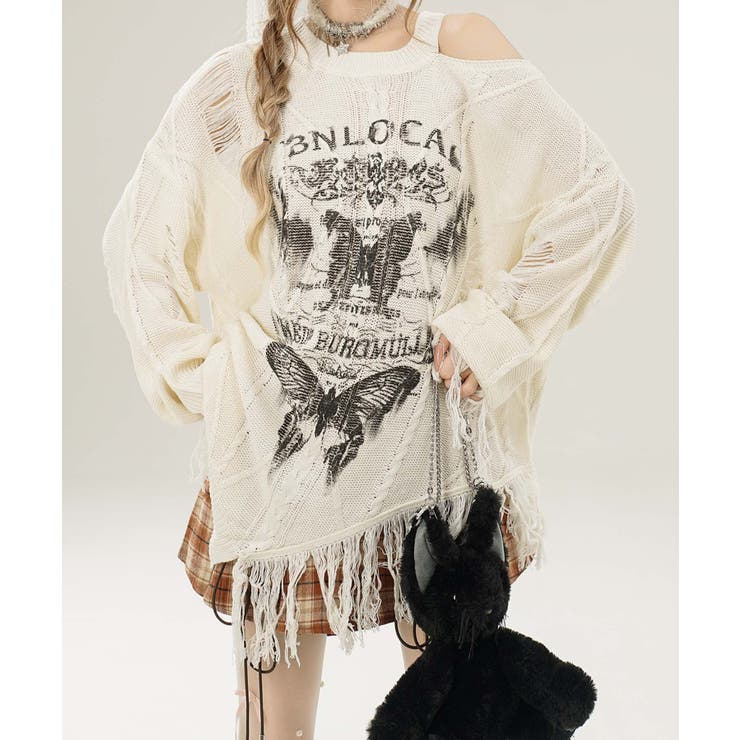 ベージュ | 【HOOK】for girls アシンメトリーバタフライフリンジカットソー | HOOK