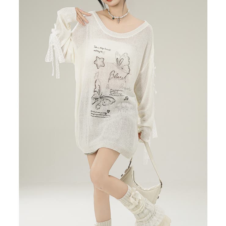 【HOOK】for girls バタフライプリント袖レースリボンライン透かしニッ… | HOOK | 詳細画像19 