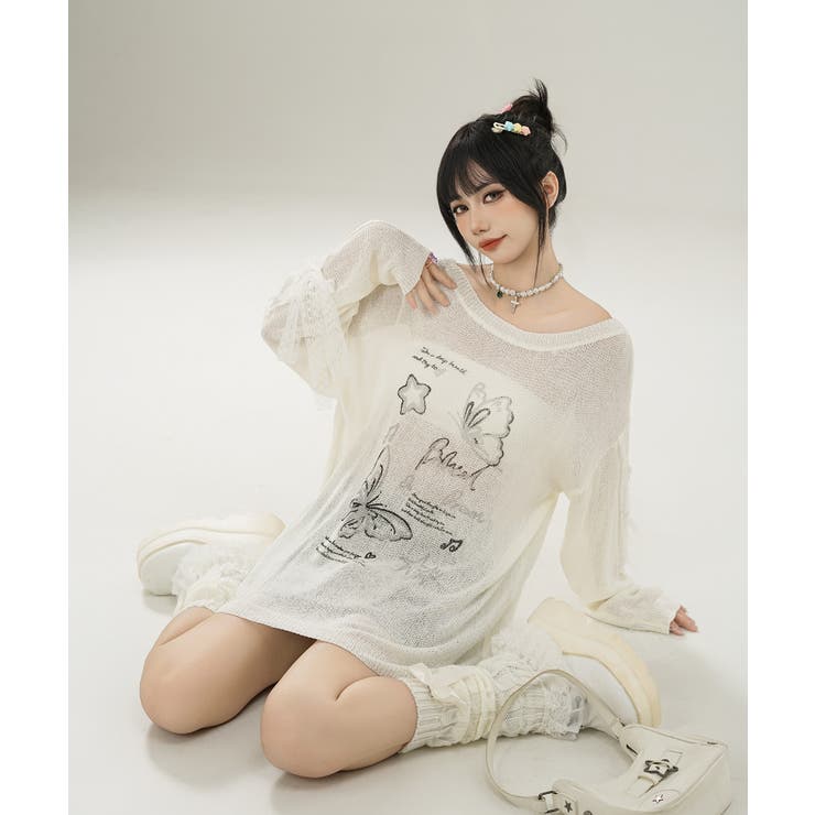 【HOOK】for girls バタフライプリント袖レースリボンライン透かしニッ… | HOOK | 詳細画像14 