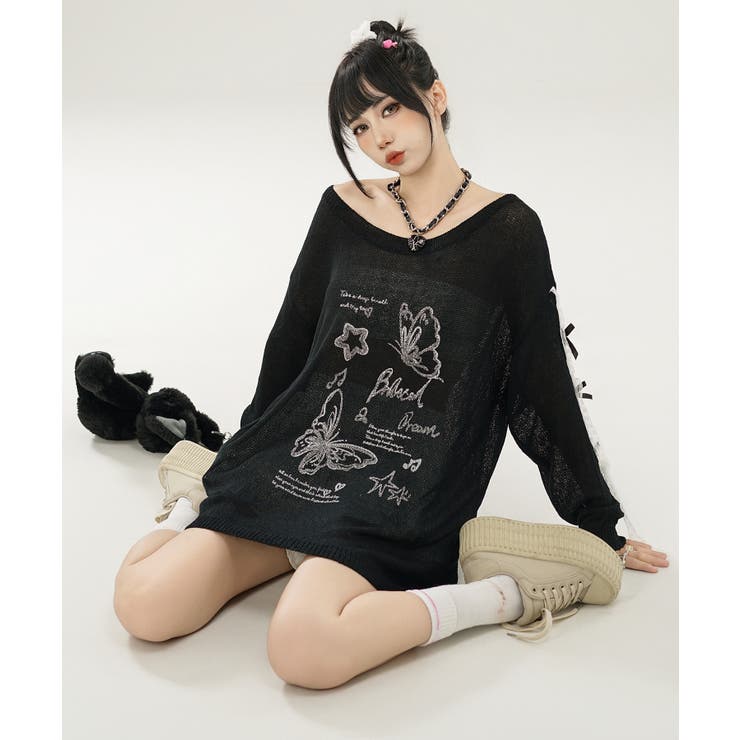 【HOOK】for girls バタフライプリント袖レースリボンライン透かしニッ… | HOOK | 詳細画像8 