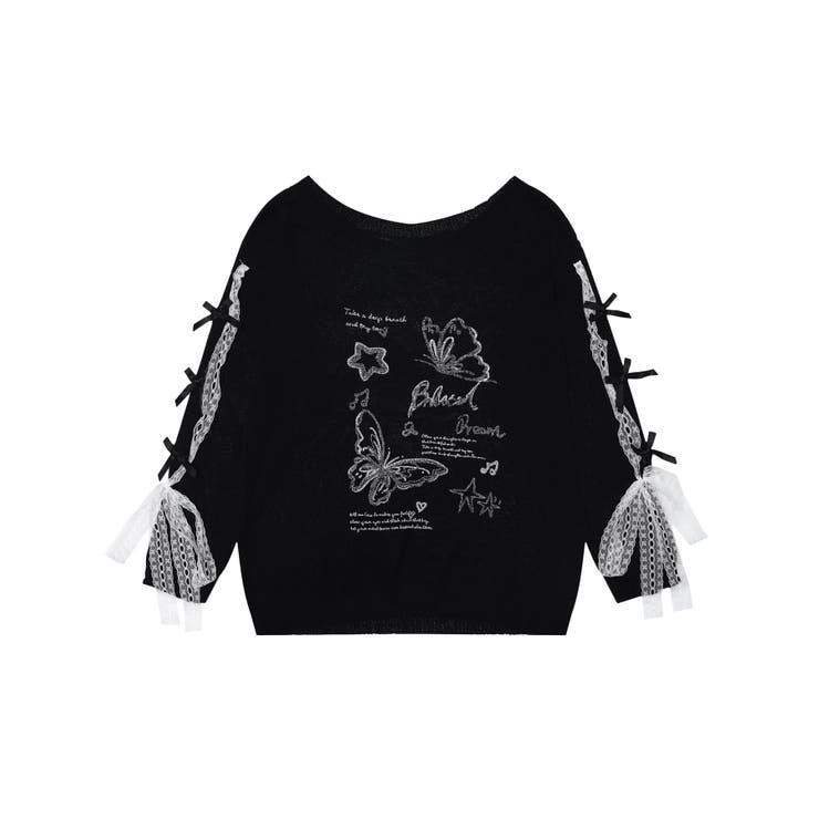 【HOOK】for girls バタフライプリント袖レースリボンライン透かしニッ… | HOOK | 詳細画像11 