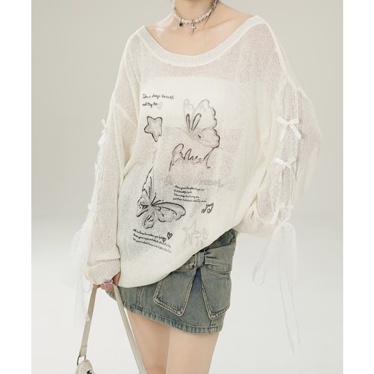 【HOOK】for girls バタフライプリント袖レースリボンライン透かしニッ… | HOOK | 詳細画像15 