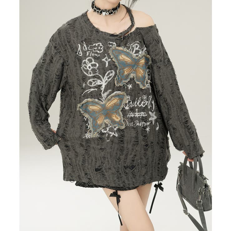 【HOOK】for girls バタフライパッチアシンメトリー透かしニットソー【… | HOOK | 詳細画像2 