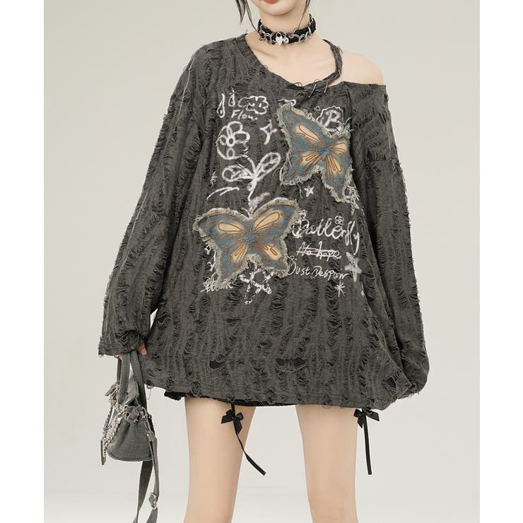 【HOOK】for girls バタフライパッチアシンメトリー透かしニットソー【… | HOOK | 詳細画像3 