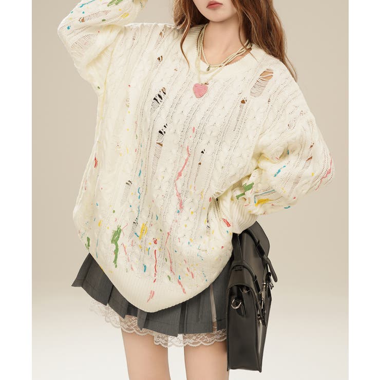 for girls ペイントプリントケーブル編みダメージニット[品番