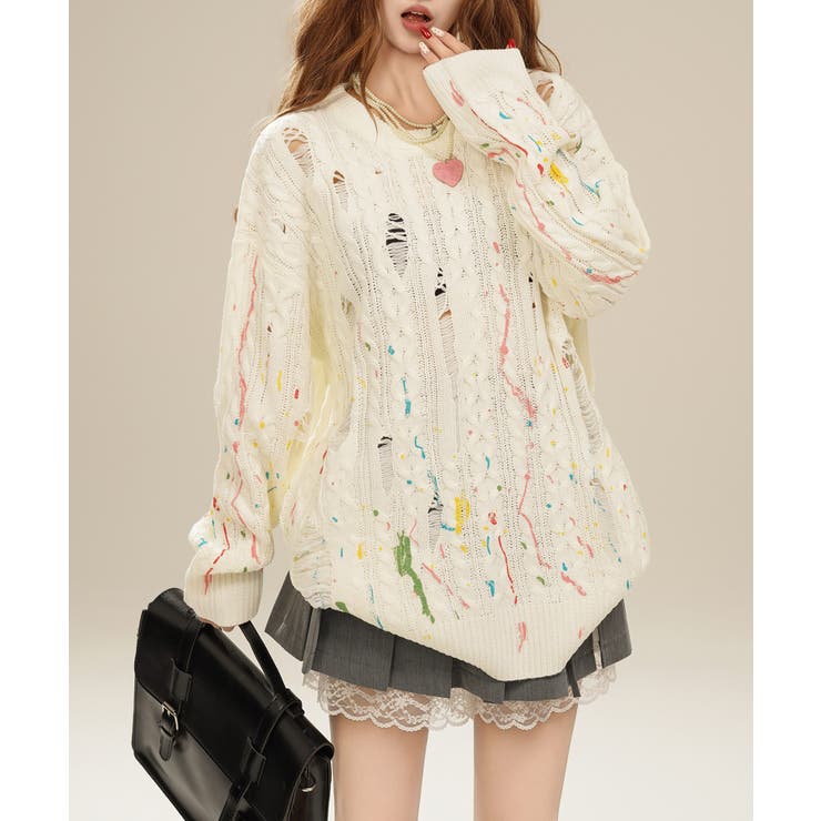 for girls ペイントプリントケーブル編みダメージニット | HOOK | 詳細画像23 