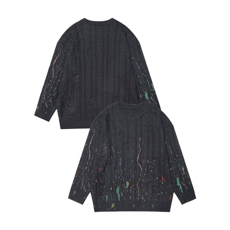 ダークグレー | for girls ペイントプリントケーブル編みダメージニット | HOOK